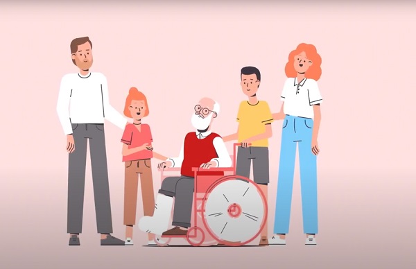 In Animation: Eine Familie steht um den Großvater im Rollstuhl herum.