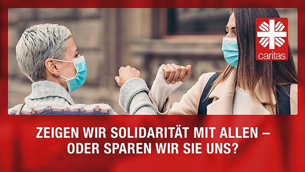 Kampagnenplakat zum Thema Solidarität | Zwei Frauen mit Maske begrüßen sich