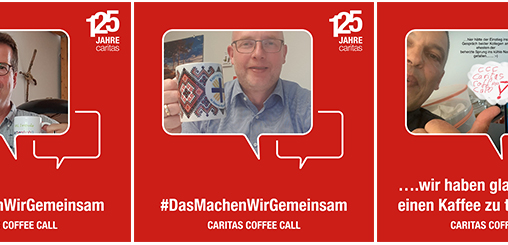 Steffen Feldmann und andere Menschen trinken Kaffee beim Caritas Coffee Call. 