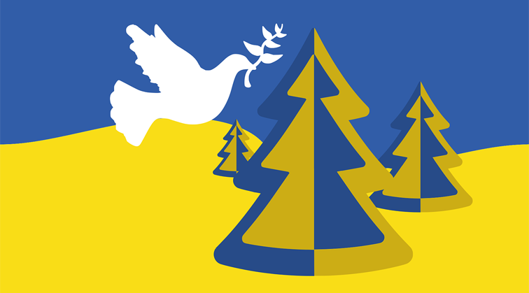 Friedenstaube mit Tannenbäumen auf ukrainischer Flagge