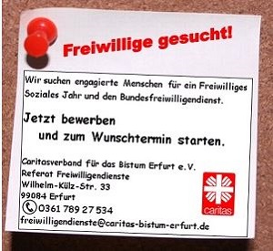 Kontaktdaten des Bereiches Frewilligendienste auf Notizzettel