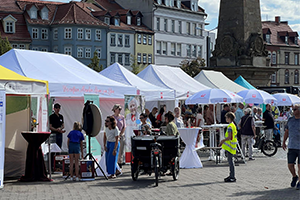 Küche mit rotlackierten Fronten und hölzernen Fronten