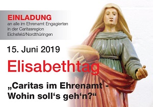 Einladungsplakat mit der Figur der Heiligen Elisabeth mit geöffneten Armen.