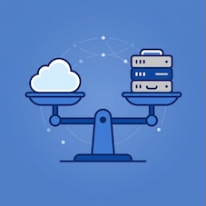 Eine digital animierte Waage. Auf deiner einen Seite eine Wolke, auf der anderen Seite ein Paket. 