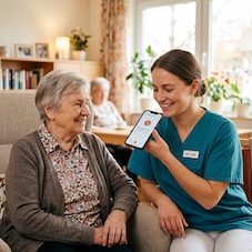 Pflegerin sitzt neben einer &auml;lteren Frau und spricht in einer Smartphone