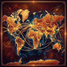 Eine goldene Weltkarte auf der viele Orte der Welt verbunden werden mit goldenen Linien